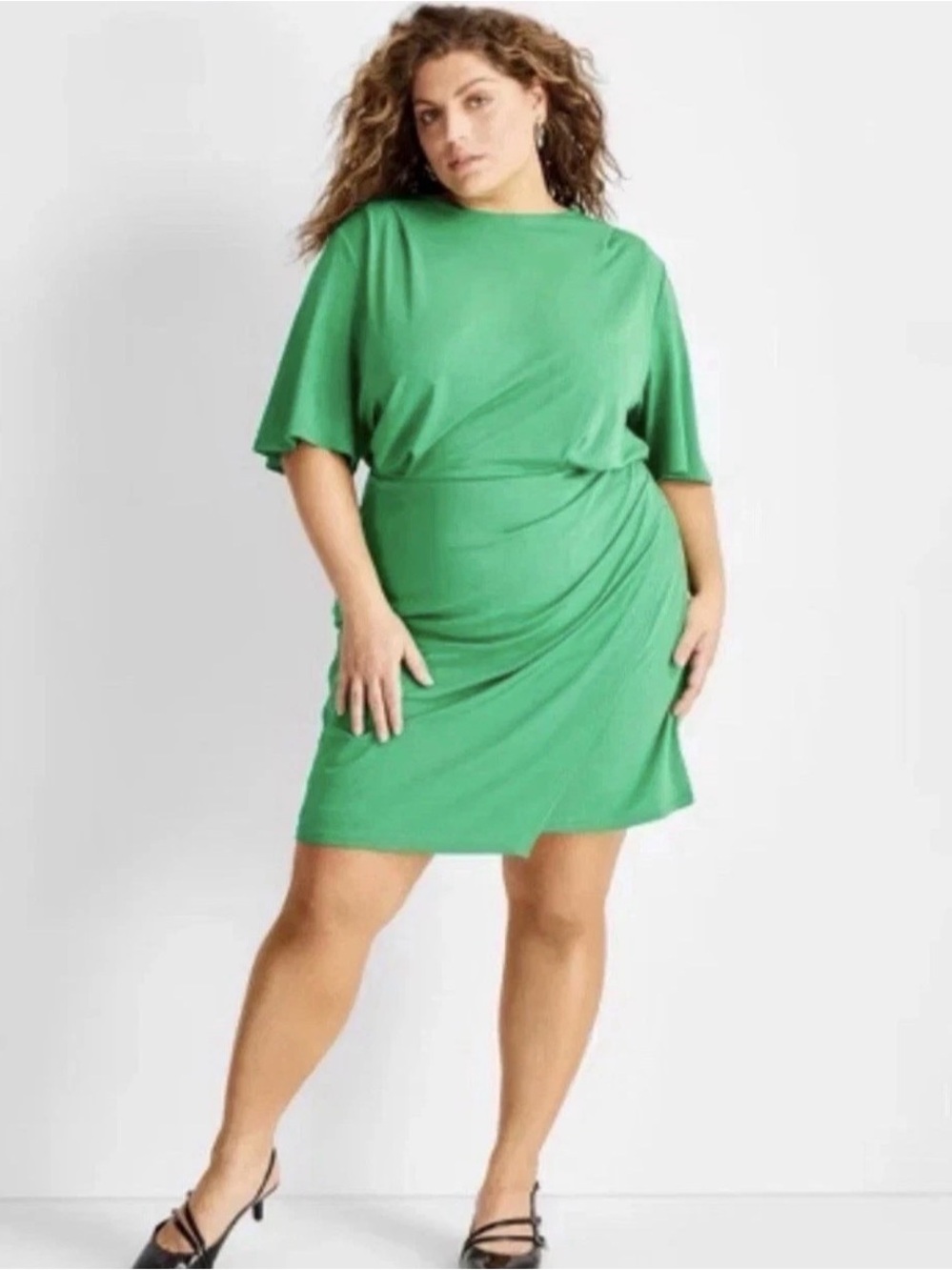 Plus Size Green Short Sleeve Draped Mini Dress